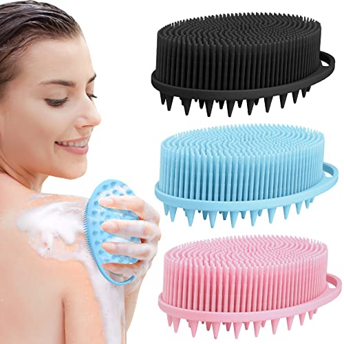 2 in 1 Silicone Body Scrubber Shampoo Brush, Shower Body Scrubber, Silicone Bath Scrubber,Exfoliating Body Scrubber, Scalp Massager, Silicone Loofah Body Scrubber,Rapid Foaming-3 Pack Black,Blue,Pink - color: Pink,blue,black