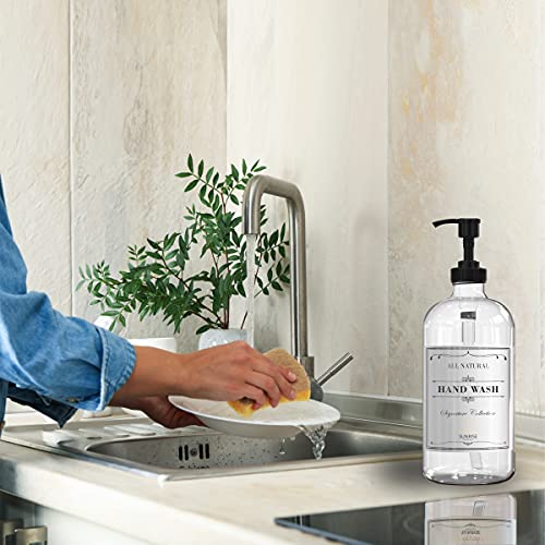 Sunrise Premium 16 OZ Thick Clear Glass Soap Dispenser with Pump 2 Pack, Hand and Dish Soap Dispenser Set for Bathroom and Kitchen with 6 Waterproof Labels - color: Black Plastic Pump - Clear Glass