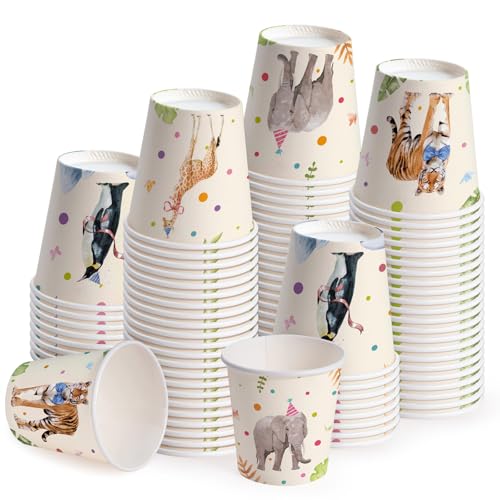 WRAPAHOLIC 3oz Paper Cups - 100 Pack Disposable Bathroom Cups with Birthday Giraffe, Penguin, Tiger and Elephant Design, Small Mouthwash Cup for Toothbrush Rinse, Home and Animal Birthday Party - color: Colorful Animal 4 Design