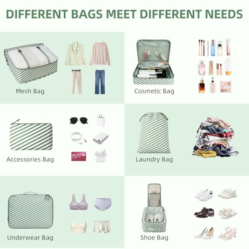 BAGAIL 8 Set Packing Cubes Luggage Packing Organizers for Travel Accessories-White and Matcha Stripe - color: White and Matcha Stripe, size: 8 Set