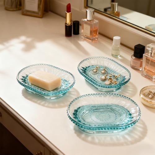 Foraineam 3 Pack Glass Soap Dish, Decorative Embossed Bar Soap Saver Tray Holder for Shower Room, Bathtub, Bathroom Counter, Kitchen Sink