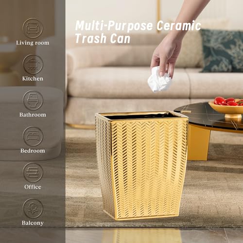 Gold Bathroom Accessories 4pcs Stylish Bathroom Accessories Set Gold Soap Dispenser Pump, Tumbler, Soap Dish and Trash Can Modern Decor Wavy Design Ceramic Bathroom Accessory Set
