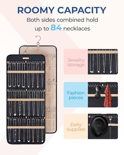 BAGSMART Hanging Necklaces Organizer Jewelry Holder Storage Roll with Hanger Metal Hooks Double-Sided Jewelry Organizer for Necklaces, Bracelets on Closet, Wall, Door, 1 piece, Large Black - color: Black, size: Dual-Sided Necklaces Holder