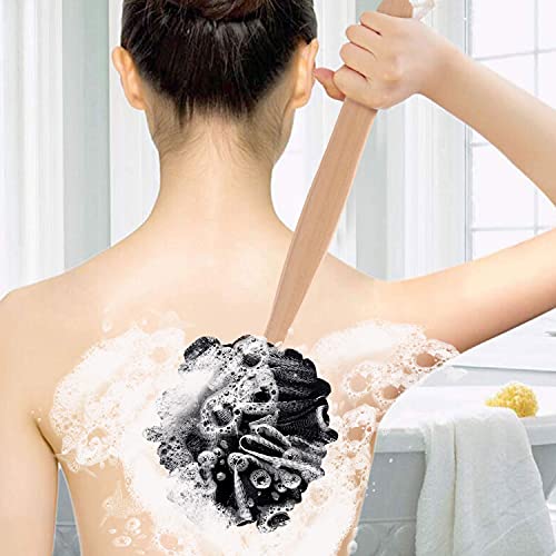 Loofah with Handle - Back Scrubber & Exfoliating Shower Sponge, PE Soft Mesh on a Wooden Stick for Men and Women(Black) - color: Black