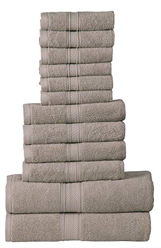 Hillfair 12-Piece Cotton Bath Towel Set - 600 GSM - Hotel Spa Towels - 2 Bath, 4 Hand, 6 Washcloths - Absorbent Soft Cotton - Khaki Stone - color: Stone, size: 12 Piece Towel Set