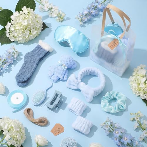 6 Set Spa Gifts Bulk for Women, Sleepover Party Favors Supplies for Bridesmaid Bridal Shower Wedding Guests Baby Shower Birthday Gift with Towels Socks Hair Tie Clip Eye Masks(Blue) - color: Blue