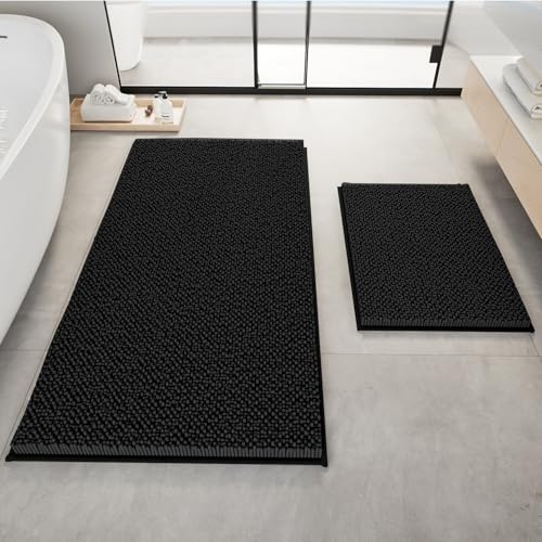 Bathroom Rugs Set 2 Piece Thick Chenille Kitchen Mats,Quick Dry Absorbent Bath Rugs With Non-Slip Pvc Backing,Bath Mats for Bathtub,Bedroom,Living room -Home Decor Large Rugs 60x24+32x20 Inch Black - color: Black, size: 60" x 24"Plus + 32" x 20"