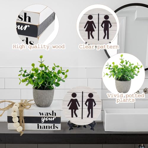 Bathroom Shelf Decor Signs with Bookstack, 3D Round Signs & Fake Plants | Wash Your Hands Sign, Farmhouse Bathroom Decor and Accessories for Restroom Shelf, Guest Bathroom, Home Toilet - color: Washyouhans