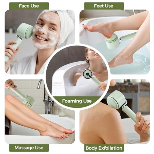 Electric Body Bath Brush for Shower, Rechargeable Body Brush with Detachable Long Handle and 5 Heads, 3 Speeds Bath Brush for Skin Care, Basic Cleaning and Massage (Sliver)