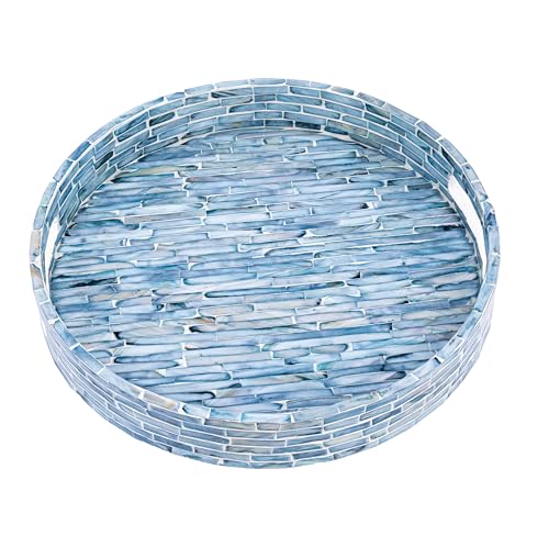 PEMAR 12.6” Mother of Pearls Lacquer Inlaid Round Serving Tray with Handles, Round Decorative Nacred Wooden Ottoman Coffee Table Tray (Blue Tiles) - color: Blue Tiles