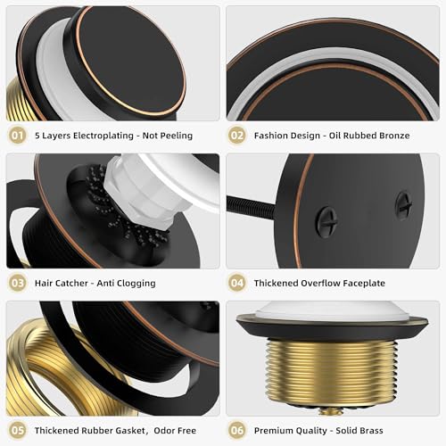Oil Rubbed Bronze Tub Drain Kit with Hair Catcher, Premium Brass Tip-Toe Bathroom Tub Drain Replacement and 2-Hole Overflow Faceplate, 11.5/16 UNC Bathtub Drain Stopper Assembly - color: Oil Rubbed Bronze