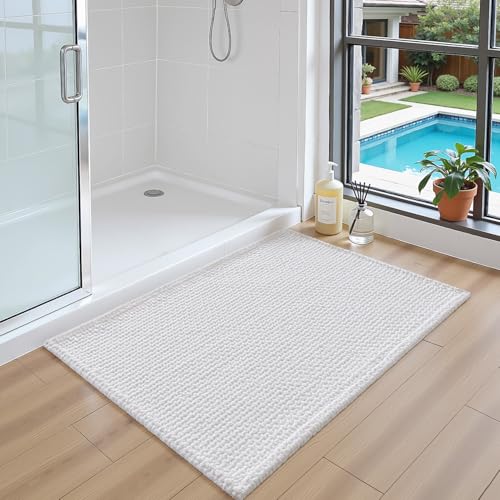 DEXI Bathroom Rugs 43x24, Non Slip Washable Bath Mat, Absorbent Chenille Bathmat, Ultra Soft Thick Carpet for Tub Shower Floor, White - color: White, size: 43" X 24" (Rectangular)