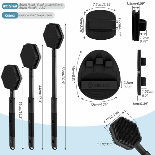 Silicone Back/Face Scrubber & Bath Glove Set 3PCS, Extendable Back Scrubber with Dual-Side Large Head, 360° Anti-Slip Bath Glove, Unique Side-bristle Face Scrubber for All-round Cleaning(Black) - color: Black*3