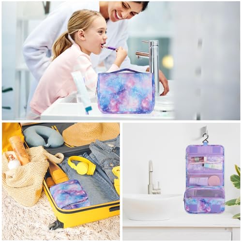 Kids Hanging Toiletry Bag for Girls, Travel Toiletry Bag for Little Young Teen Girls Cosmetic Makeup Waterproof Wash Bag Traveling Toiletries, Galaxy Purple - color: Purple-Galaxy