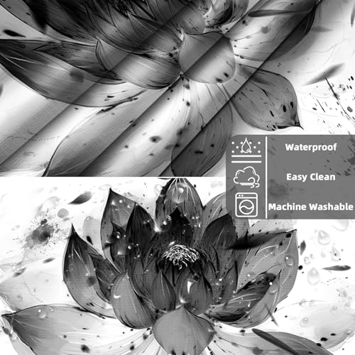 Lotus Hookless Shower Curtain with Snap in Liner, Black and White Japanese Anime No Hook Shower Curtain and Liner Set, Ringless with Window Waterproof Cloth Fabric, 60" W X 74" L - color: Ink, size: 60"W x 74"L (Pack of 1)