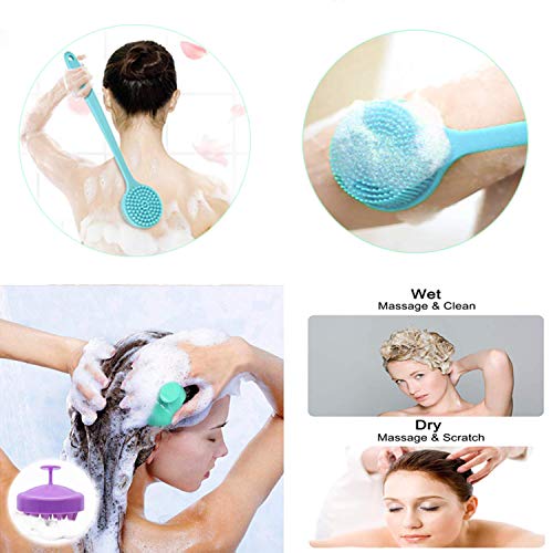 Silicone Body Scrubber & Scalp Massager, Long Handle Shower Brush, Exfoliating Scrubber for Men, Women & Kids - color: Blue