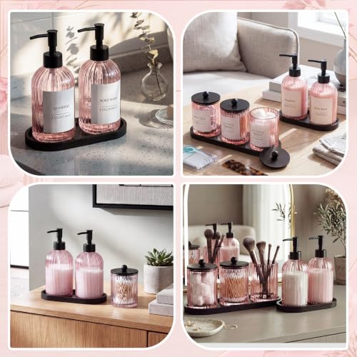 Yaomiao 5 Pack Bathroom Accessories Set, Modern Bathroom Decor Sets, Glass Liquid Soap Dispenser, Vanity Tray, Toothbrush Holder, Cotton Swab Jars with Lids for Sink Countertop(Pink,Striped) - color: Pink, style: Striped