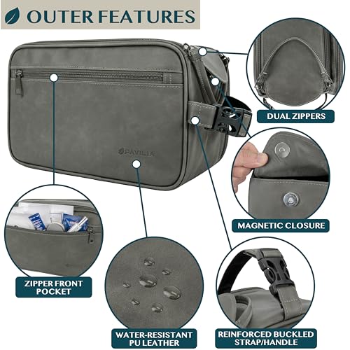 PAVILIA Toiletry Bag for Men, Travel Essentials Shaving Dopp Kit, Mens Travel Bag Toiletries Organizer Case for Grooming, PU Leather Water Resistant Cosmetic Bag Pouch (XL, Dark Grey) - color: Gray, size: Extra Large (12x6x7)