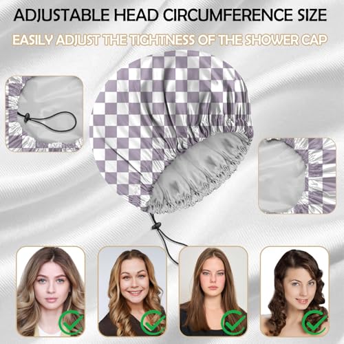 2 PCS Shower Cap Reusable Waterproof Adjustable Double Layer Elastic Dry Hair Bathing Caps Aesthetic Cute for Women Girls-Purple Black Gray - color: H-2-Purple Black Gray