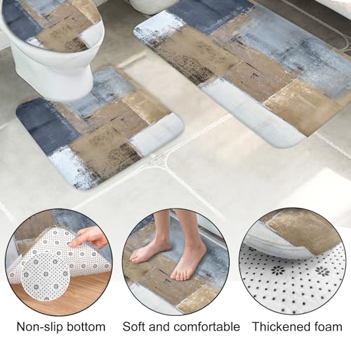 Lnond 4Pcs Bathroom Shower Curtain Sets with Rugs,Brown and Blue Painting Art Bathroom Sets with Shower Curtain and Rugs and Accessories - color: Blue Grey White Abstract-01