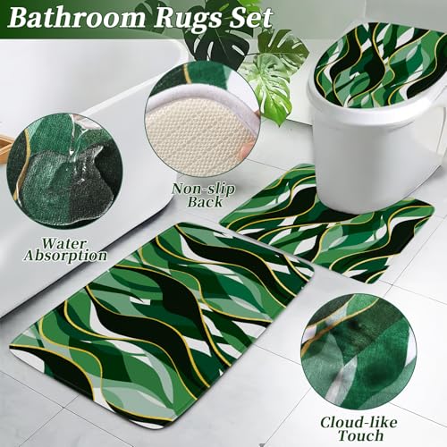 XLHOMO Bathroom Set - Green and Gold Bathroom Accessories, Bathroom Sets with Shower Curtain and Rugs, Green Shower Curtain Set with Bathroom Trash Can, Soap Dispenser, Soap Dish for Home Decor - color: Stripe Green & Gold, size: Complete Set + Bath Rugs