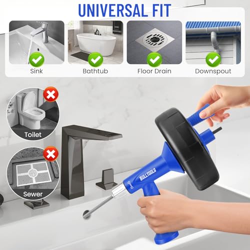 BULLTOOLS Drain Snake, 25FT Drain Auger with Drill Adapter, Flexible Snake Drain Hair Removal Tool for Kitchen Sink, Bathtub, and Shower Comes with Gloves and Storage Bag