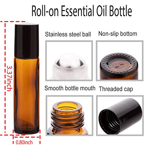 6Pcs 10ml Essential Oil Roller Bottles, with Stainless Steel Roller Balls, 10ml Amber Glass Roll on Bottles for Essential Oils, 1 Extra Roller Ball, 6 Labels, 1 Openers, 2 Droppers Included - color: Brown