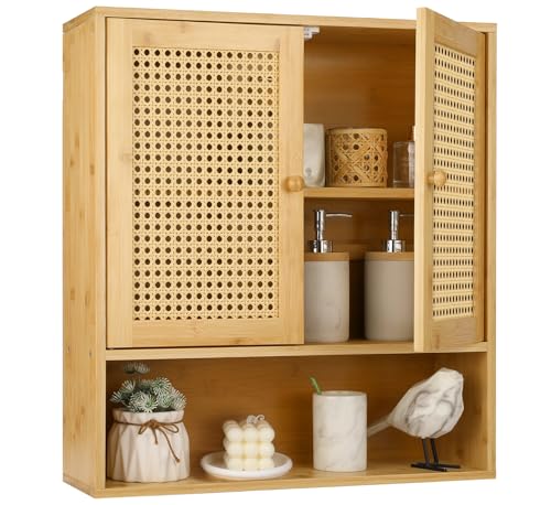 Bamboo Cabinet Wall Mount, Rattan Medicine Cabinet with Shelves and Doors, Wall Cabinet Above Toilet, Storage Organizer for Laundry Room, Kitchen, Living Room - color: Rattan