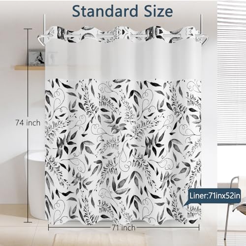 No Hook Shower Curtain with Snap in Fabric Liner Set, Waterproof & Washable, Boho Black and White Leaf Shower Curtains for Bathroom, Modern Farmhouse Rustic Bathroom Curtain, House Gift, 71x74 inch - color: Black and White Leaf
