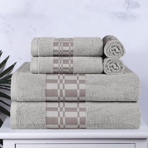 Superior 6-Piece Cotton Towel Set, Geometric Design, Dobby Border, Plush Quick Dry Towels, Decorative Bathroom, Spa, Includes 2 Bath, 2 Hand, 2 Face Towels/Washcloth, Larissa Collection, Chrome - color: Chrome, size: 6 Piece Towel Set