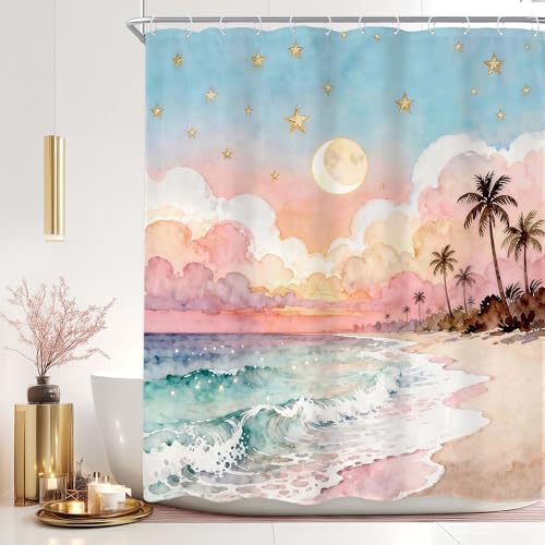 Newsely Ocean Shower Curtain 60Wx72L Inch Pink and Blue Sea Waves Watercolor Painting Palm Trees Moon Sky Cloud Girly Bathroom Set Sunrise Sunset Waterproof Bath Decoration Accessories Home Decor - color: A-02pink Beach, size: 60"W x 72"L (Pack of 1)