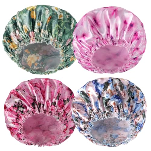 4 PCS Shower Caps for Women, 3D Printing Bath Caps, Double Layers Shower Cap Reusable Waterproof, Bathing Shower Caps, Environmental Protection Hair Bath Hat - Flower B - color: 3D Flower B 4 PCS/Set
