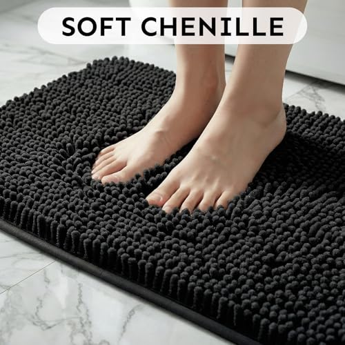 Secura Bathroom Rugs 47x28, Ultra Soft Chenille Bath Mat, Super Absorbent & Quick Dry Bathroom Mat, Non Slip Machine Washable Bath Rugs for Tub, Shower, Home Decor Accessories (Black) - color: Black, size: 47 in x 28 in