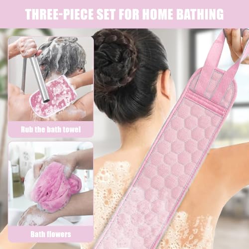 Back Scrubber Set, 3Pcs Bath Gloves and Shower Loofah Sponge for Body Scrub and Daily Shower Cleaning(Light Pink) - color: Light Pink