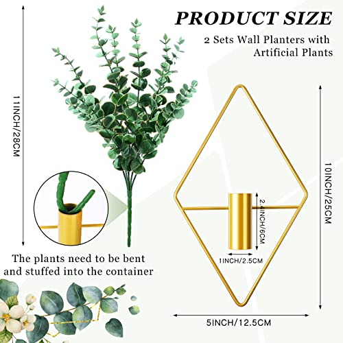 Canlierr 2 Pieces Gold Wall Decor Hanging Planters with Artificial Plants Metal Vase Indoor Plants Holder Modern Geometric Wall Art for Home Bathroom Bedroom Living Room Office(Eucalyptus,Medium) - color: Gold, size: Eucalyptus