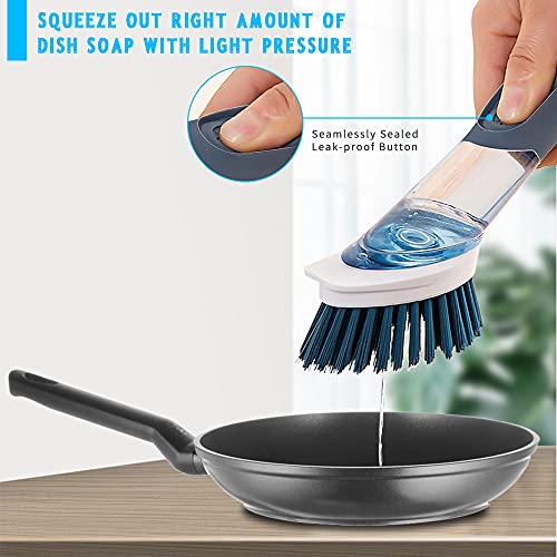 Dish Cleaning Brush, Soap Dispensing Dish Brush Set with 4 Replacement Heads and Storage Holder, Kitchen Scrub Brush for Dish Pot Pan Sink Cleaning (Blue) - color: Blue