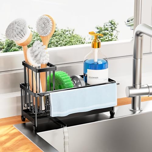 Cisily Sponge Holder for Kitchen Sink, Sink Caddy Organizer with High Brush Holder, Kitchen Countertop Organizers and Storage Essentials, Rustproof 304 Stainless Steel (Black with Towel Rack, 9.25″) - color: Black With Towel Rack - 9.25″
