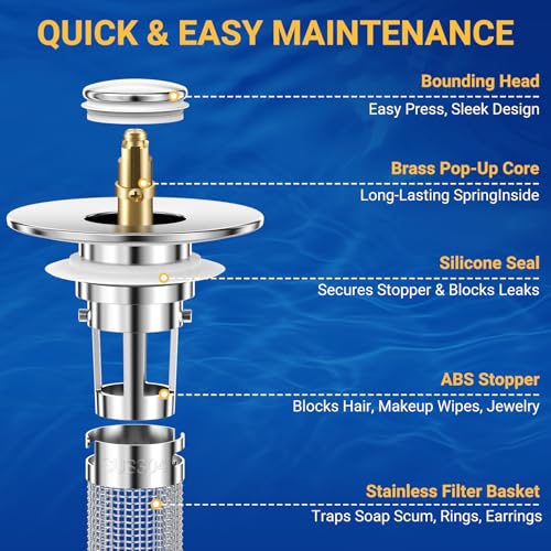 Bathroom Sink Drain Strainer, Pop-Up Bathroom Sink Stopper with Removable Stainless Steel Hair Catcher Basket, Universal Fit for US Bathroom Sinks, Showers & Floor Drains (4pcs) - color: 4pcs