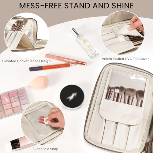 HauteHues Travel Makeup Bag Women's Large Capacity Cosmetic Portable Organizer Large Opening Waterproof Storage Toiletry Bags Vertical Free-Standing Brush Holder for Easy Access Copper - color: Copper
