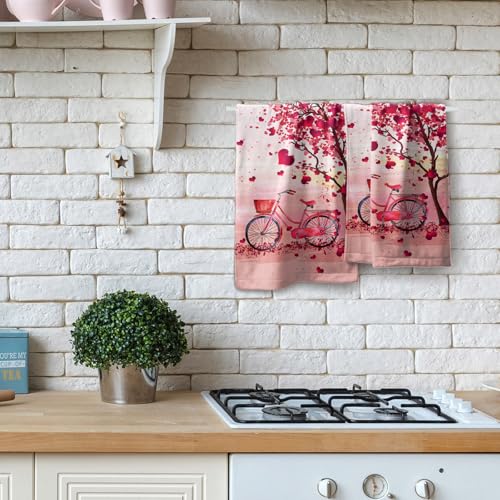 Valentine's Day Hand Towels - Set of 2 Pink Heart 14'x28' Soft Absorbent Guest & Kitchen Towels for Couples & Wedding Anniversary - color: Valentines Pink Bike Heart