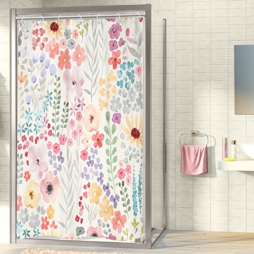 Riyidecor Small Stall Narrow Shower Curtain for Bathroom Decor 48Wx72H Floral Watercolor Cute Plants Spring Girly Women Colorful Boho Art Printed Fabric Polyester Waterproof 8 Pack Plastic Hook - color: A-pink, size: 48"W x 72"L (Pack of 1)