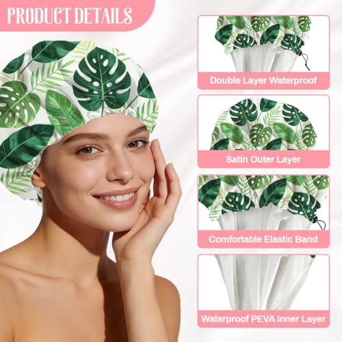 Tropical Leaves Reusable Shower Cap Green Monstera Double Layer Waterproof Shower Caps Large Elastic Hair Cover Adjustable Hair - Drying Caps for Woman Man Bath SPA Travel One Size Fits Most - color: Tropical Leaves