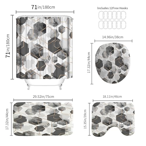 4Pcs Gray White Geometric Shower Curtain Set, Neutral Modern Art Deco Shower Curtain with Hooks, Elegant Trendy Simple Bathroom Sets with Shower Curtain and Rugs, 71 * 71in - color: Grey