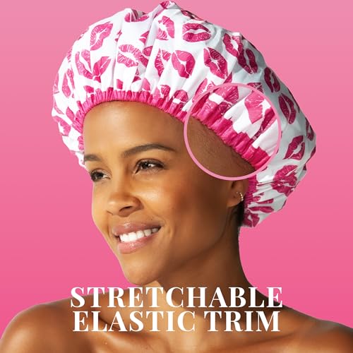Reusable Shower & Bath Cap & Lined, Oversized Waterproof Shower Caps Large Designed for all Hair Lengths with PEVA Lining & Elastic Band Stretch Hem Hair Hat - Fashionista Showered With Kisses - color: Showered With Kisses