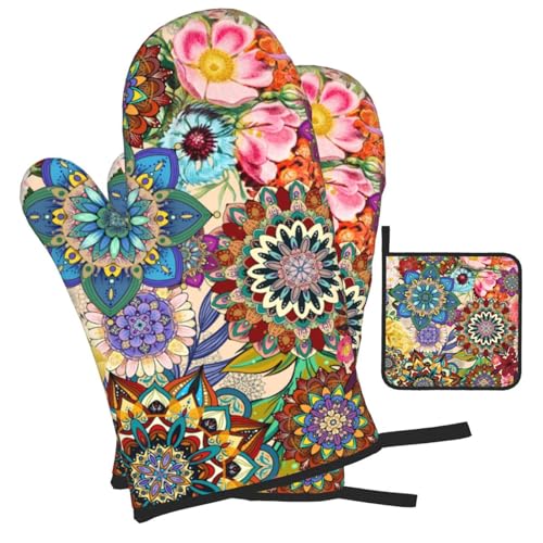Boho Floral Oven Mitts and Pot Holders Sets, Heat Resistant Colorful Kitchen Gloves Hot Pads, Cute Baker Stuff, Chef Cooking Baking Gifts for Women Bakers, Kitchen Gifts for Cooking Lover Cooks Mom - color: Boho Floral
