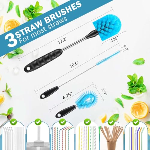 12.2 inch Bottle Brush Set of Three，Washable Coffee Cups, Water Bottles, Baby Bottles, Straws, to-go Cups, Long-Handled 3-in-1 Stainless Steel Bottle Brushes. (Blue) - color: Blue