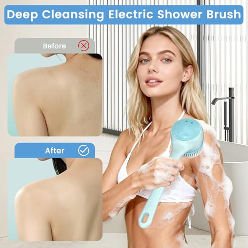 Electric Back Scrubber for Shower - Waterproof Rechargeable Exfoliating Brush for Deep Cleansing, Soft Bristles for Sensitive Skin, Dry/Wet Use for Back, Arms & Legs (Blue) - color: Blue