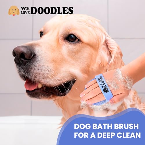 Dog Grooming Bath Brush, Pet Rubber Brush for Shower Scrubbing & Soothing Massage, Ideal for Long & Short Haired Dogs and Cats, Essential Puppy Accessories, Short-Pins [We Love Doodles] - size: Short Pins