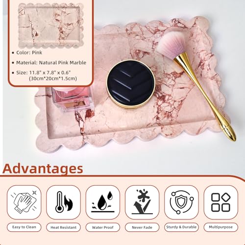 Yew & Tulip Natural Marble Vanity Tray with Scalloped Rim, Nature Rose Pink Luxury Stone Serving Tray for Bathroom, Kitchen, Vanity, Home Decor, Wedding etc. (12"x 8" x 0.6") - color: Scalloped Pink
