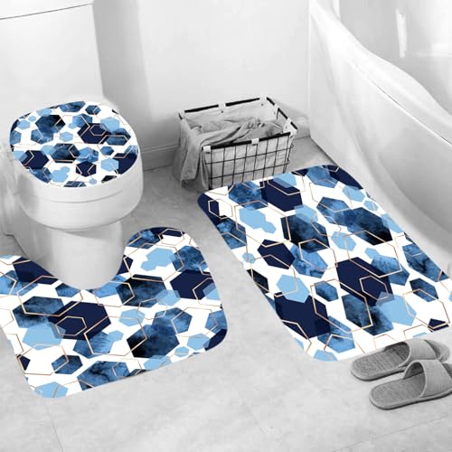 4Pcs Navy Blue Geometric Shower Curtain Set, Neutral Modern Art Deco Shower Curtain with Hooks, Elegant Trendy Simple Bathroom Sets with Shower Curtain and Rugs, 71 * 71in - color: Navy Blue
